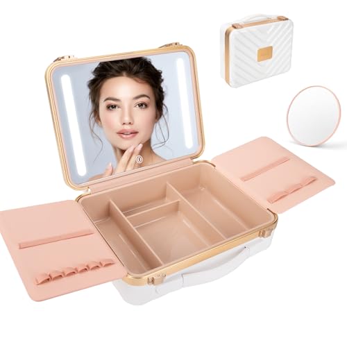 LRUKEY Neceser de maquillaje de viaje con espejo, bolsa de maquillaje con espejo LED de 3 colores, maletín de maquillaje, maletín de belleza para mujer, Blanco, Minimalista y de moda