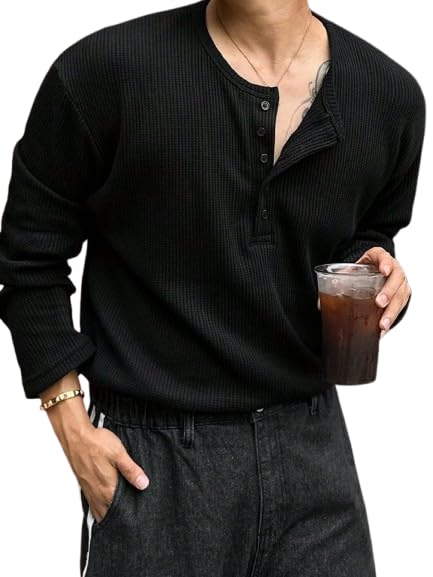 Men’s Waffle Knit Long Sleeve Henley T-Shirt | Button Neck Casual Wear | Soft Thermal Top | Relaxed Fit Solid