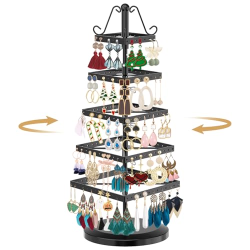 Image of MODOWEY 5 Tiers Metal Rotating Earring Holder Organizer Tree Spinning Display Stand Rack for Women, 220 Holes Adjustable Large Storage for Stud Dangle Hoop, Find Your Earrings at a Glance, Black