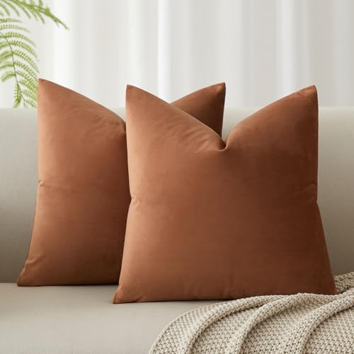 Image of JUSPURBET 28x28 Throw Pillow Covers Set of 2 Decorative Pillow Covers for Couch Sofa Bed Cozy Velvet Cushion Covers Cases with Invisible Zipper for Living Room Home Decor,Mocha Mousse