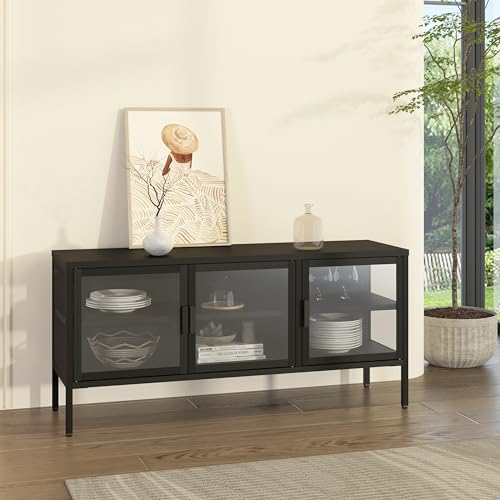 [en.casa] Buffet Vitrine avec 3 Portes Grands Compartiments de Rangement Vaisselier Armoire Basse Commode pour Salon Bureau Acier Verre Trempé 55 x 118 x 35...