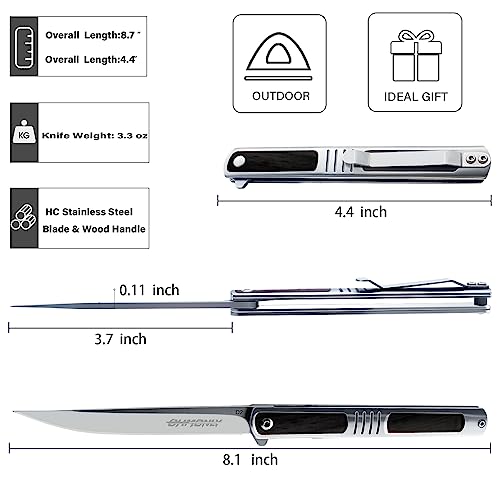 Ohmonlyhoo Pocket Knife, 3.5 Inch Slim Pocket Knife For Men With Clip And Leather Case, Edc Knife For Outdoor, Camping, Hunting, Flipper Open, Liner Lock, Small Pocket Knife For Everyday Carry For Women #TOP1