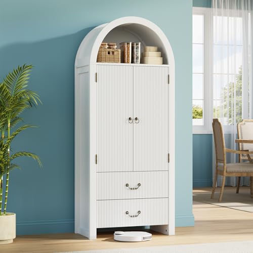 Image of FURSUN 71 inch Tall Fluted Arched Cabinet Set of 2, Wood Pantry Storage Cabinet with 2 Large Drawers, Modern Versatile Bookcase for Living Room, Kitchen, Dining, White