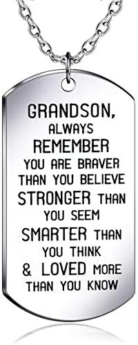 danjie To My GrandSon Dog Tag Military Stainless Steel Pendant Necklace Grandson Always Remember You are Braver Stronger Smarter than you think