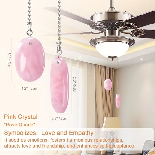 Image of LEFERS Ceiling Fan Pull Chain, 2 Pieces Natural Gemstone Pendants with 12 inch Ceiling Fan Chain Extender and Connector (Rose Quartz)