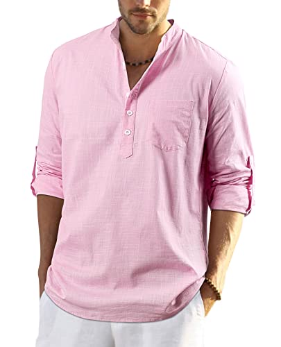Enlision Camisa de Manga Larga para Hombre Camisa Suelta de Color Liso Camisa Ocio de Algodón y Lino con Cuello en V Blusa de Moda con Botone Top para Diario Viaje Rosado L