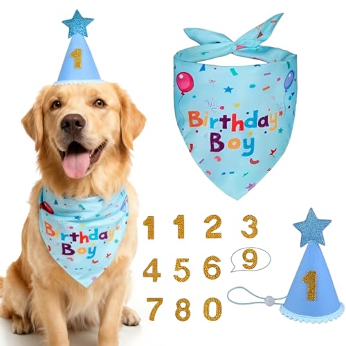 Blue Polyester Dog Birthday Bandana Set with Adjustable Hat and Glitter Numbers for Pet Celebrations and Photo Shoots
