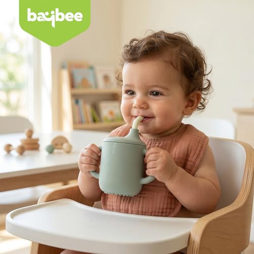 Image of BAYBEE Baby BPA-Free Silicone Sipper Cup for Kids Drinking Training Anti Spill Sippy Cup /Glass with Soft Silicone Straw & Lid for Baby, Non-Slip Twin Handles Spout Cup for Infants 6+ Months (Green)