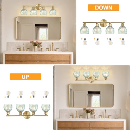 Image of Bathroom Light Fixtures, 4-Light Brushed Gold Vanity Lights for Bathroom with Blue Tulip Glass Shade, 26 inch Vintage Bathroom Vanity Lighting Fixtures Over Mirror for Bedroom Living Room Hallway