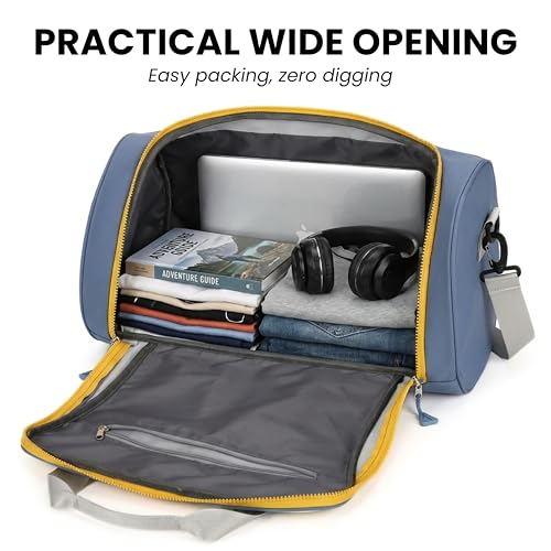 Image of POPCUBE Nylon 25cm Small Lightweight Waterproof Duffle Bag for Travel | Weekender Overnight Air Cabin Holdall for Men Women with Front Opening - 45cm x 25cm x 25cm (Modern, Blue)