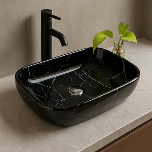 Image of Ceramic Tabletop Wash Basin - Glossy Rectangular Countertop Vessel Sink with Marble Finish for Bathroom & Vanity | Compact 18 x 13 x 5 Inch | Elegant Washbasin