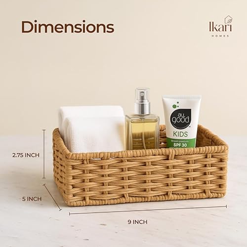 Image of Ikari Homes Rectangular Woven Raffia Basket, Natural Decorative Storage Tray I Boho decor storage vanity basket I Gifting Basket I Sustainable organisor Storage Basket (9 in x 5 in)