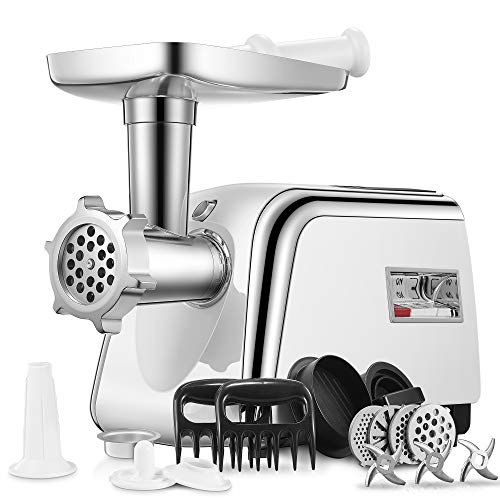 Electric Meat Grinder, Aicok [2500W Max] Sausage Stuffer with 4 Grinding Plates, 3 - S/S Blades, 2 Free Meat Claws, Cookie Shaper & 2 Burger-Slider Maker, 3 Speeds Control, Storage Box