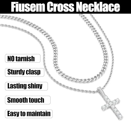 Fiusem Layered Cross Necklace for Men, Silver Tone/14K Gold Plated Mens Necklace Chain with Cubic Zirconia Cross Pendant, Stainless Steel Cuban and Rope Chain - Image 6