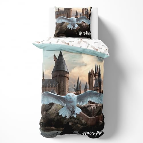Harry Potter Parure de lit Enfant 140x200 + 63x63 cm – Coton Renforcé certifié Oeko-TEX, Fermeture éclair, Douce et Respirante – Linge de lit Hogwarts...