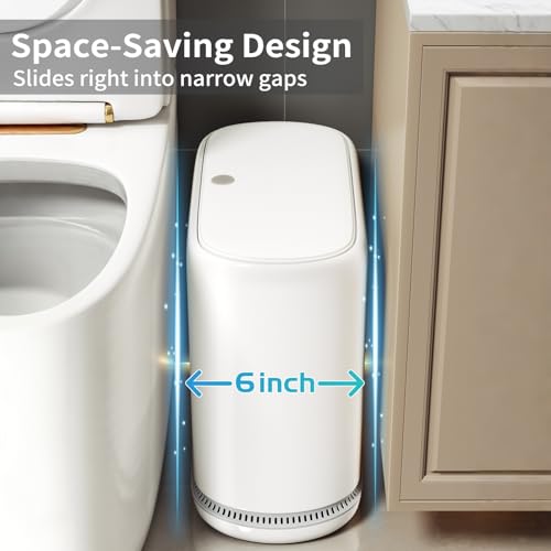 Image of Bathroom Trash Can with Lid, 3 Gallon Small Slim Garbage Bin with Auto-Adsorption & 75 Bags (5 Rolls), Mini Waste Basket Dog Proof for Bathroom, Kitchen, Office, Bedroom, Laundry, Toilet, Rv, White