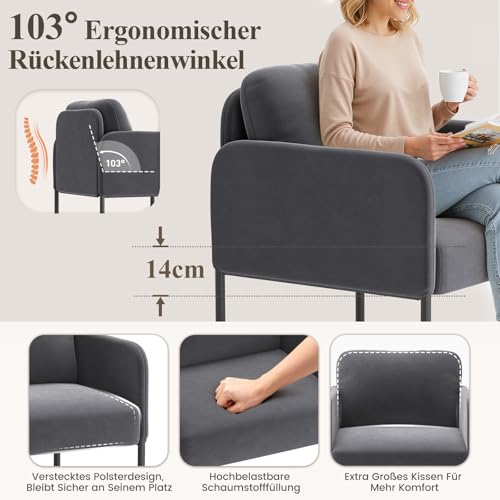 COLAMY Gepolsterter Ohrensessel 2er Set aus Samt – Moderner Lounge-Sessel mit weicher Rückenlehne, Komfortabler Sessel für Wohnzimmer, Schlafzimmer, Apartment & Leseecke, Grau