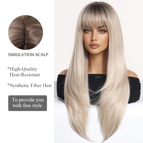 OUFEI Ombre Blonde Wigs with for Women Bangs Long Straight Layered Synthetic Hair Wigs with Dark Roots for Daily Party Use - Image 3