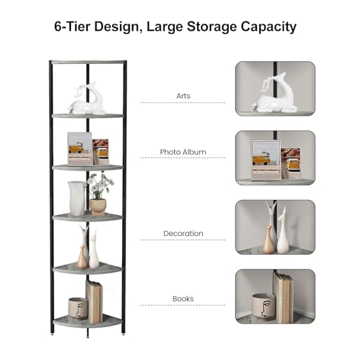 6-Tier-Standing-Corner-Shelf705-Tall-Ladder-Corner-Storage-Shelf-with-Adjustable-FeetRustic-Display-Rack-Multipurpose-Bookshelf-BookcasePlant-Stand-for-Living-Room-Bedroom-Grey 6 Tier Standing Corner Shelf705 Tall Ladder Corner Storage Shelf with Adjustable FeetRustic Display Rack Multipurpose Bookshelf BookcasePlant Stand for Living Room Bedroom Grey