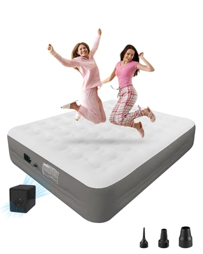 LussoAmor Queen Grey Air Mattress with Built-in Pump - 18 Inch Raised Height, Velvet Plush Sleeping Surface & Durable Polyester Pique Border-Portable Inflatable Bed for Camping,Home,Guests and Trave.