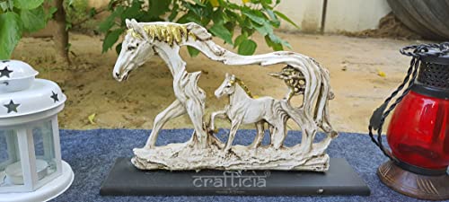 Image of Resin Horse Statue with Baby Horse Animal Figurine On Wooden Base for Feng Shui and Vaastu Statue (27.5X7.5X20 cm, Off White)