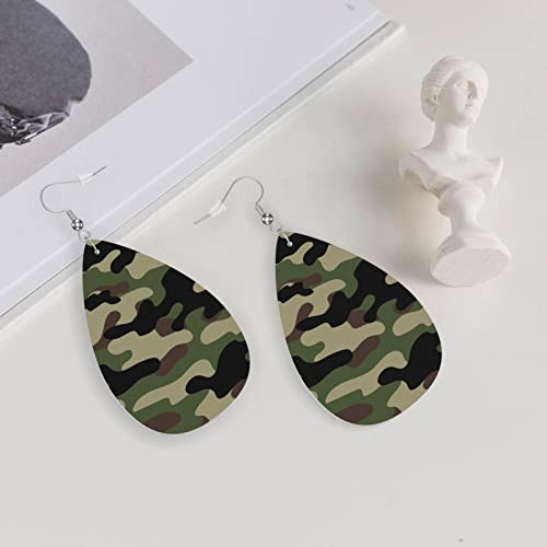 Green Brown Camouflage Print Faux Leather Teardrop Earrings for Women Drop Dangle Earrings Gift 5