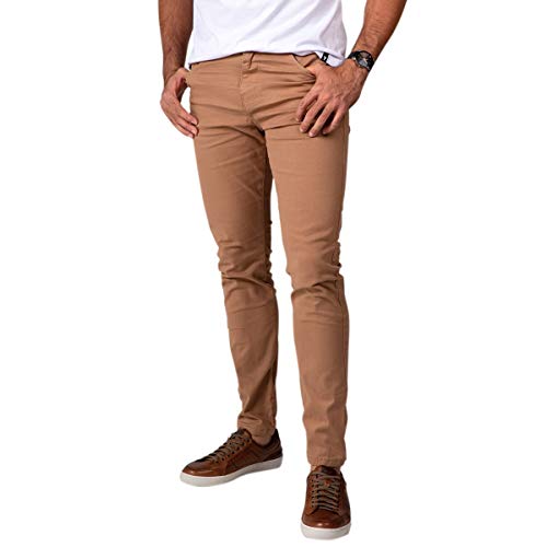 Kit com 3 Calças Jeans Sarja Masculina Skinny Slim com Lycra - Azul, Caqui e Bege - 46
