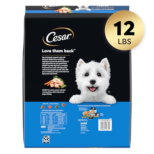 Image of Cesar Small Breed Dry Dog Food, Chicken & Spring Vegetables Flavor, 12 lb | Made in USA, Real chicken #1 ingredient, 26 essential nutrients, supports small breed health, no artificial flavors