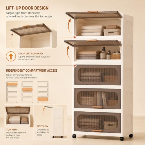 Image of KRISHYAM 5-Layer Plastic Storage Cabinet with Lift-Up Doors & Wheels, Smoky Translucent Multipurpose Clothes Organizer for Bedroom, Kids Room & Home, 123 x 50 x 26 cm