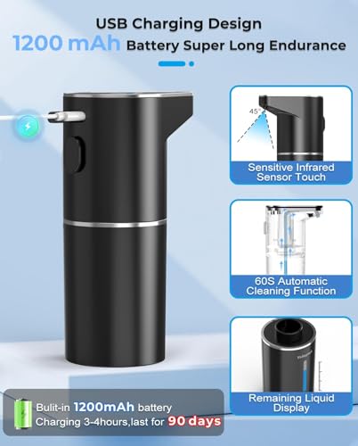 Image of Automatic Soap Dispenser, Sensor Hand Wash Dispenser with 3-Speed Adjustable Foaming Handwash Dispenser, 1200mAh Battery with Auto-Clean, Touchless for Home Bathroom, Office, Kitchen