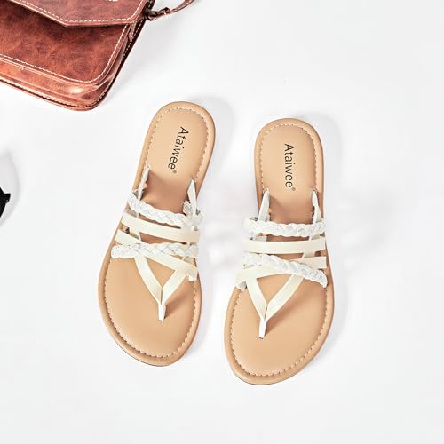 Image of Ataiwee Women's Flat Slide Sandals - Comfortable Open Toe Design,Casual Slip-On with Ankle Strap,Hook-and-Loop Closure Summer Sandals.