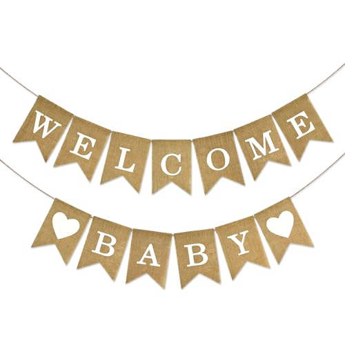 Anwyll Burlap Welcome Baby Banner - NO DIY Baby Shower Decoration Banner Oh Welcome Babies Shower Sign for Backdrop Adorable Neutral Gender Reveal Party Decoration Babies Announcement Sign Girl Boy