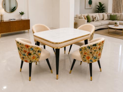 Image of WOODEN SPACE Majestic 4 Seater Wooden Dining Table Set | Urban Marble Top Dining Table with Chairs for Dining Room & Kitchen (Modern Classic Printed Beige) (54 x 36 x 30 inch)