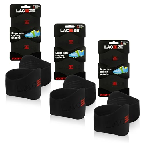 Laceeze Max Bands Secure Laces, Prevents Unraveling, Durable Material, Fits Shoe Size UK 9+, Black, 3 Pack, Sports Shoes, Soccer, Hockey, American Football