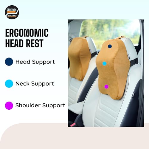 Image of CareFoam Ultimate Memory Foam Car Neck Rest Pillow, Comfortable Rides, Superior Neck Support Cushion, Relieves Neck Pain, Tan Velvet Cover | 14 x11 x5 Inch | Small Pack of 1