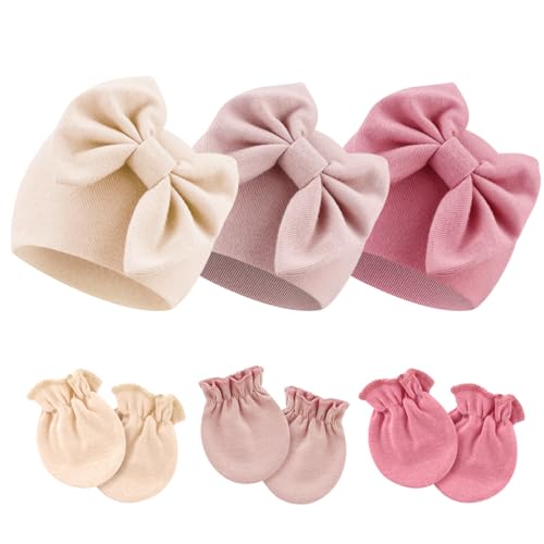 DRESHOW Newborn Baby Hats Mittens Set Hospital Hat Beanie Infant Bow Hats Baby Cotton Gloves No Scratch Mittens for 0-6 Months