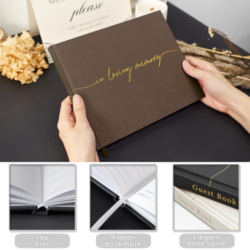 Image of Funeral Guest Book for Memorial Service, in Loving Memory 9x7.5 | 320 Entries, Table Sign Card Included, Gold Stamping, Twill-Textured Paper Cover, Celebration of Life Keepsake, Chocolate