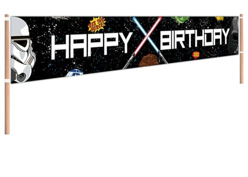 Large Star Galaxy Happy Birthday Yard Banner, Universe Wars Birthday Party Decoration Supplies, Galaxy Photography Decoration for Kids, Space Wars Theme Bday Party Backdrop Photograph Background