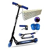 JD RAZOR MS-205R-B キックボード キックスターター ハンドブレーキ付 光る LEDホイール 高さ調整可能 大人用 子供用 プレゼント 持ち運び便利 折り畳み式 耐荷重90s… (【ラッピング済】ブルー/プロテクター付)