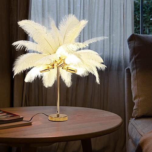 White feather table lamp with plug-in cord with 32 feathers and 3 bulbs, modern table lamp decorative ambient light for living room dining room bedroom bedside lamp, minimalist desktop night light
