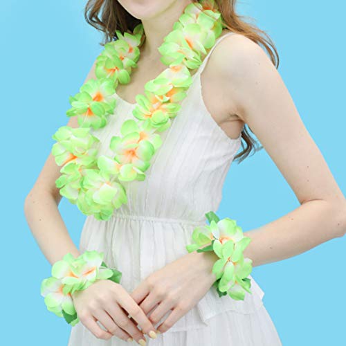 Jsshi Lush Hawaiian Headpiece,Hawaiian Flower Leis Jumbo Necklace Bracelets Headband Set With Leaf For Hawaiian Luau Party Decoration Supplies(With Green Leaves，Green) #TOP5