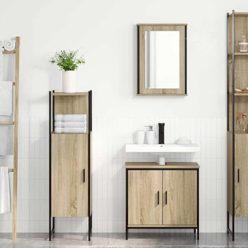 Muebles de baño de madera marrón con espejo y lavabo 5