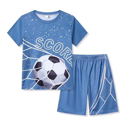Ayzozuy Tween Boys 2-Piece Soccer Graphic Outfit Set Summer Casual Crewneck T-Shirt & Shorts Size 9 10