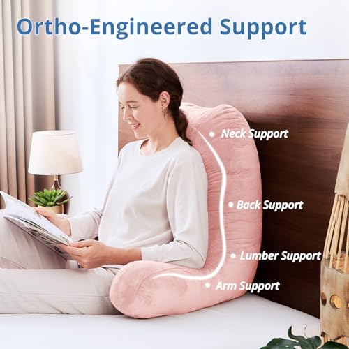 Image of Sasttie Reading Pillow for Bed, Back Pillow for Sitting Up, Peach Pink | 25 inch Backrest Support Cushion for Couch, Sofa, and Floor, Dorm Essentials, OEKO-TEX, Adjustable Down Alternative Fill