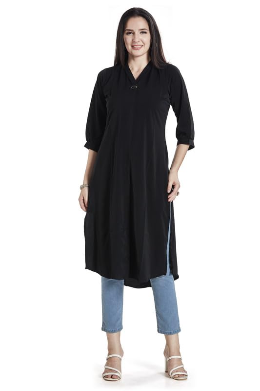 Image of nioni Women's Straight Solid Kurti with V-Fold Neck | Rayon Lycra Material | Fashionable Micro Pleates | 3 /4th Sleeve Kurta for Woman & Girls (S to 2XL)