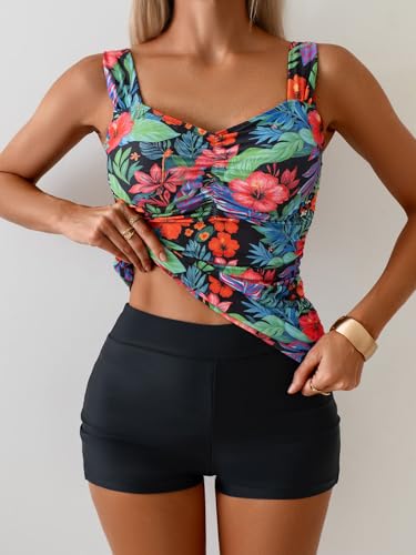 Image of B2prity Women's Tankini Swimsuit Tummy Control Ruched Two Piece Bathing Suit Push Up Modest Swim Suits with Shorts