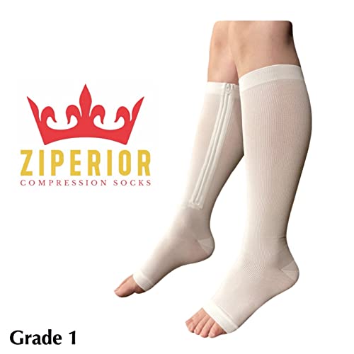 Image of Open Toe 15-20 mmHg Compression White Navy Gray Inside Leg Zipper Socks