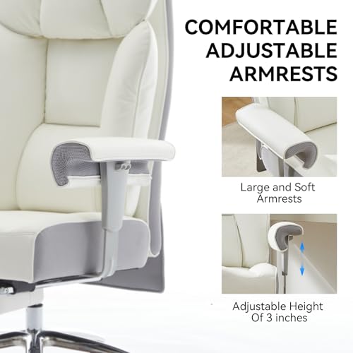 Efomao Big and Tall Office Chair 450LBS with Foot Rest, High Back PU Leather Executive Office Chair with Adjustable Padded Armrests, Lumbar Support for Home or Work, Heavy Duty Computer Chair, White