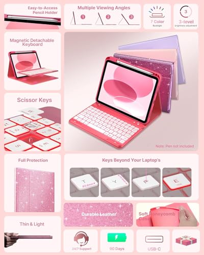 Image of typecase Folio Keyboard Case for iPad A16 (11th) & iPad 10th Gen 10.9 inch (2022), Magnetic Wireless Detachable Keyboard, 7-Color Backlight, Thin & Light, Pencil Holder -Rose Red Glitter