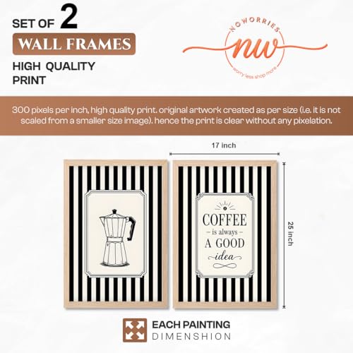 Image of NoWorries Coffee Wall Art Frames Set of 2 | Framed Black & White Coffee Quote Prints, Vintage Kitchen & Bar Decor for Home, Cafe & Dining Room Artwork Framed Paintings (Art-21, 17x25inch)